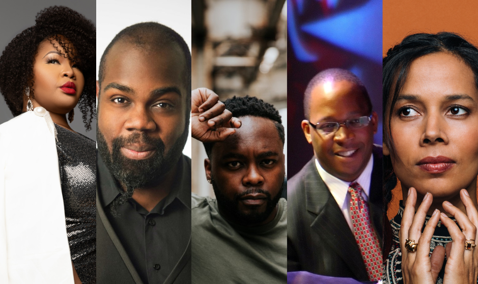 Headshots of (left to right) soprano Karen Slack, countertenor Reginald Mobley, baritone Will Liverman, pianist Howard Watkins, and multi-instrumentalist Rhiannon Giddens